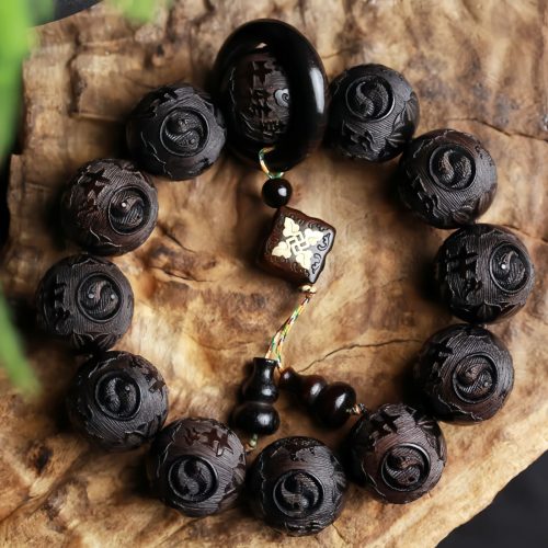 Ebony Wood Yin Yang Engraved Gourd Balance Bracelet