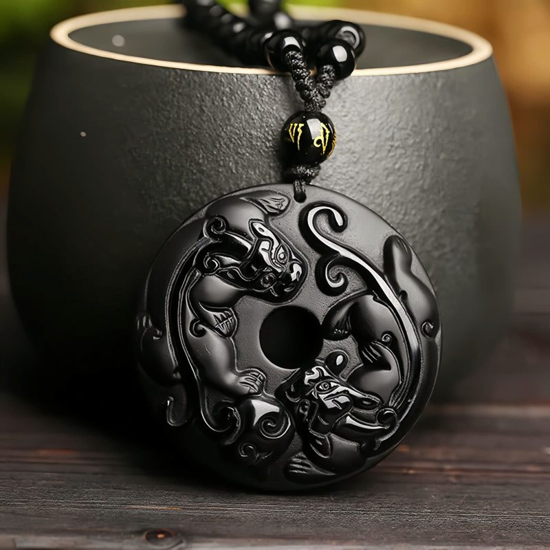 Halskette aus schwarzem Obsidian mit Pixiu-Anhänger Natural Black Obsidian Pixiu Necklace