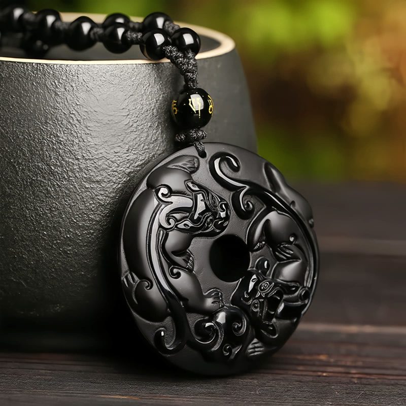 Halskette aus schwarzem Obsidian mit Pixiu-Anhänger Natural Black Obsidian Pixiu Necklace