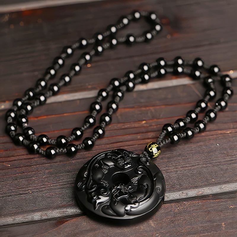 Halskette aus schwarzem Obsidian mit Pixiu-Anhänger Natural Black Obsidian Pixiu Necklace