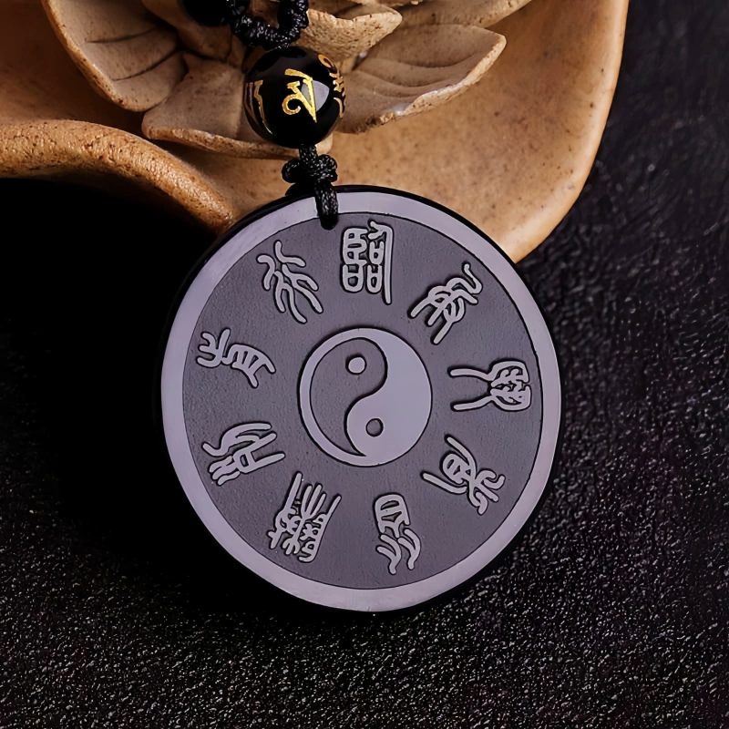 Natural Black Obsidian Taoism Strength Pendant Necklace Natural Black Obsidian Taoism Strength Pendant Necklace