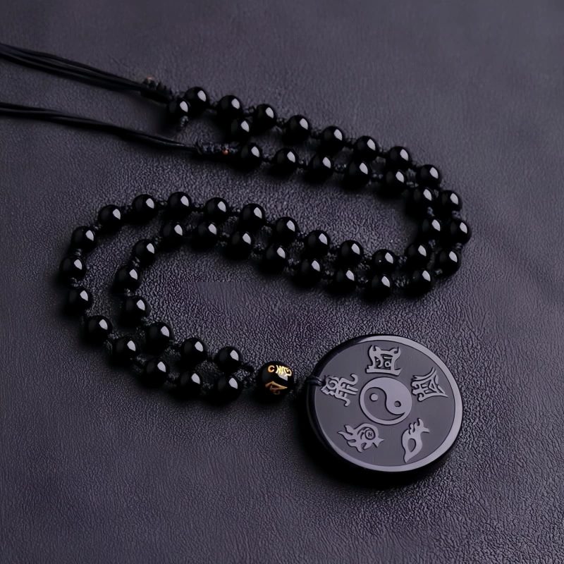 Natural Black Obsidian Taoism Strength Pendant Necklace Natural Black Obsidian Taoism Strength Pendant Necklace