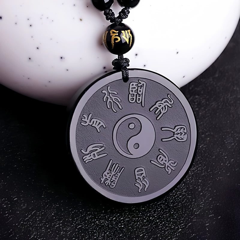 Natural Black Obsidian Taoism Strength Pendant Necklace Natural Black Obsidian Taoism Strength Pendant Necklace