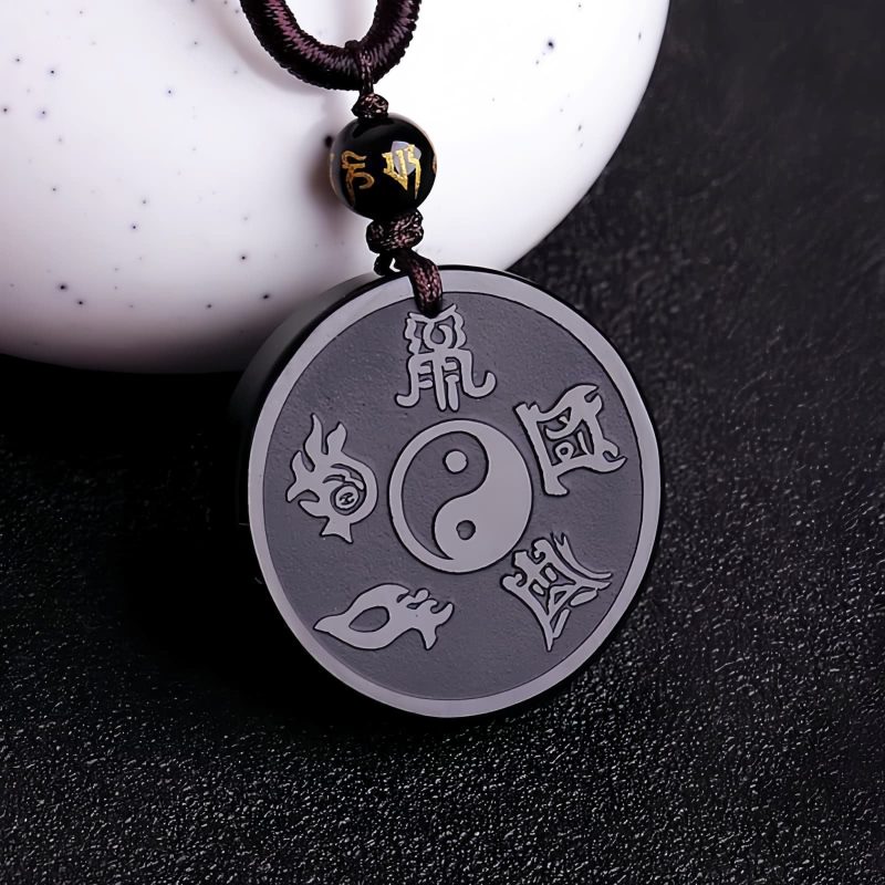 Natural Black Obsidian Taoism Strength Pendant Necklace Natural Black Obsidian Taoism Strength Pendant Necklace