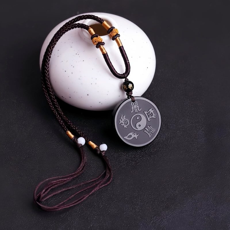 Natural Black Obsidian Taoism Strength Pendant Necklace Natural Black Obsidian Taoism Strength Pendant Necklace
