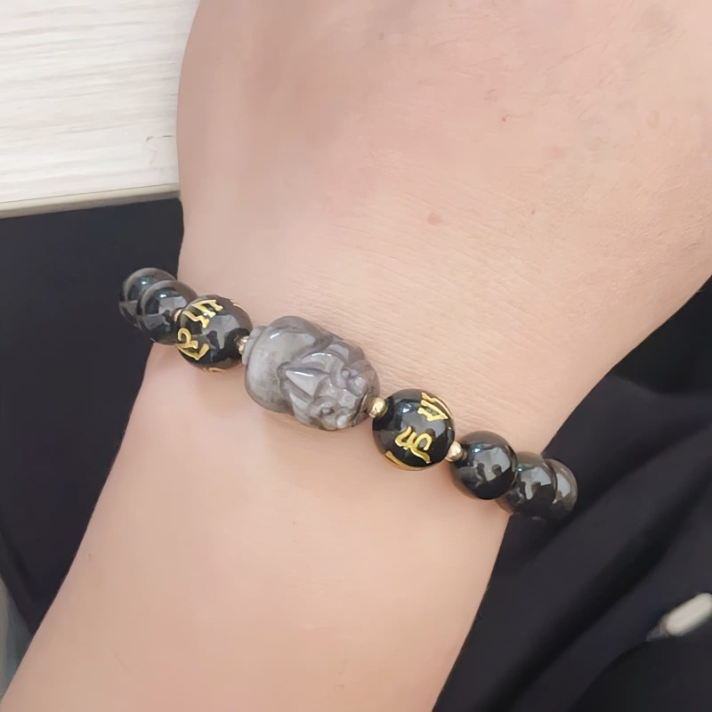Natural Silver Sheen Obsidian Om Mani Padme Hum Bracelet Natural Silver Sheen Obsidian Om Mani Padme Hum Bracelet
