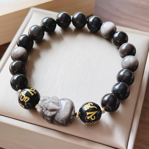 Natural Silver Sheen Obsidian Om Mani Padme Hum Bracelet Natural Silver Sheen Obsidian Om Mani Padme Hum Bracelet