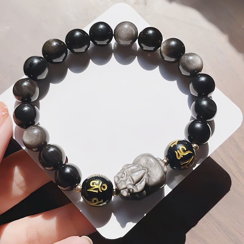 Natural Silver Sheen Obsidian Om Mani Padme Hum Bracelet Natural Silver Sheen Obsidian Om Mani Padme Hum Bracelet