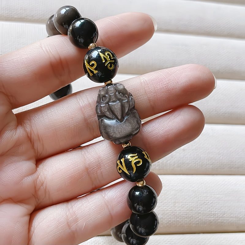 Natural Silver Sheen Obsidian Om Mani Padme Hum Bracelet Natural Silver Sheen Obsidian Om Mani Padme Hum Bracelet
