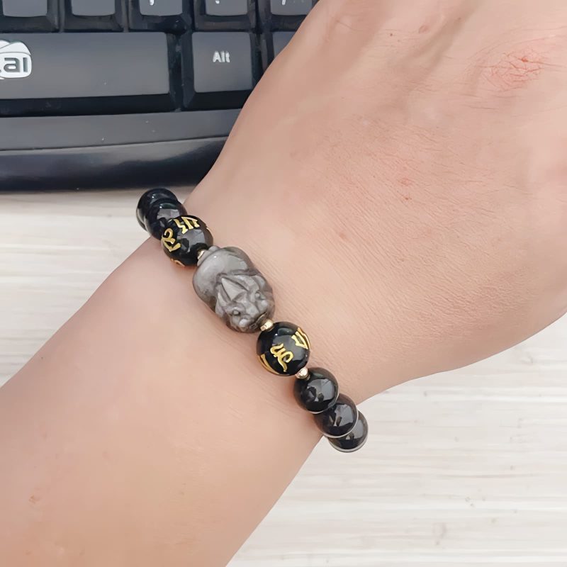 Natural Silver Sheen Obsidian Om Mani Padme Hum Bracelet Natural Silver Sheen Obsidian Om Mani Padme Hum Bracelet