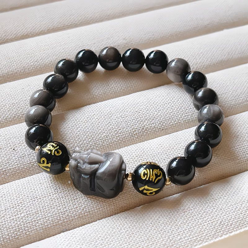 Natural Silver Sheen Obsidian Om Mani Padme Hum Bracelet Natural Silver Sheen Obsidian Om Mani Padme Hum Bracelet