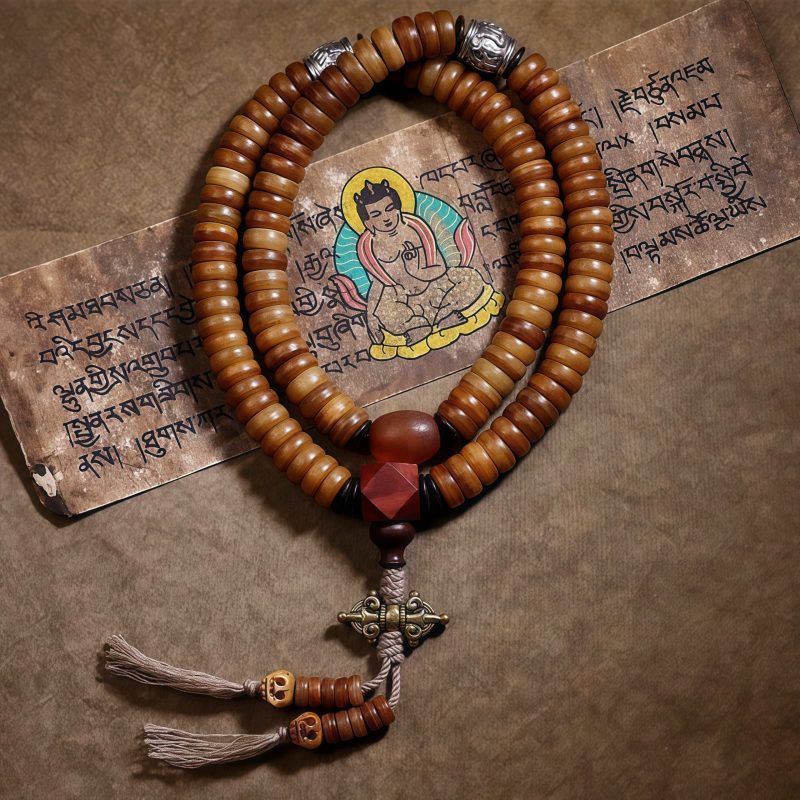 Pulsera Mala Tibetana de 108 Cuentas en Hueso de Yak, Dzi y PiXiu Tibetan 108 Mala Yak Bone Dzi PiXiu Bracelet