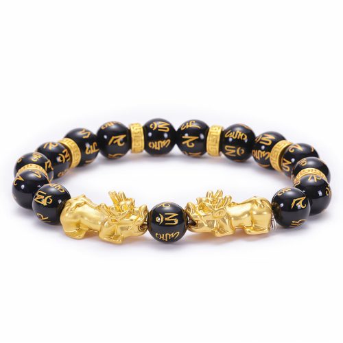 チベット産黒曜石（オブシディアン）六字真言ブレスレット
