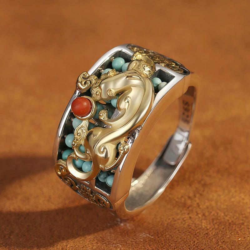Tibetan Turquoise Red Agate PiXiu Protection Ring Tibetan Turquoise Red Agate PiXiu Protection Ring