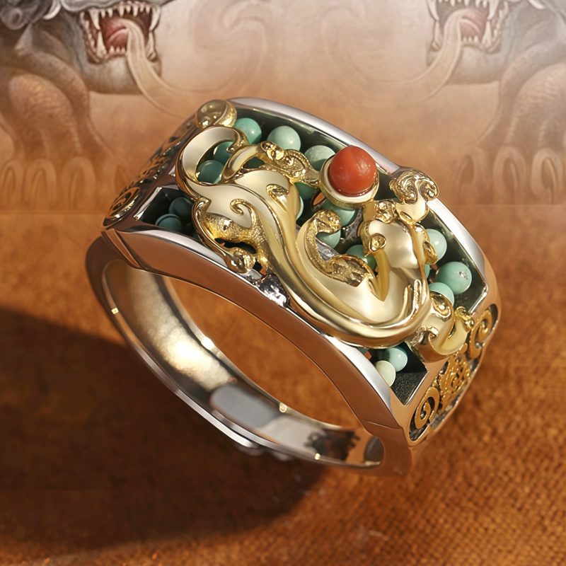 Tibetan Turquoise Red Agate PiXiu Protection Ring Tibetan Turquoise Red Agate PiXiu Protection Ring