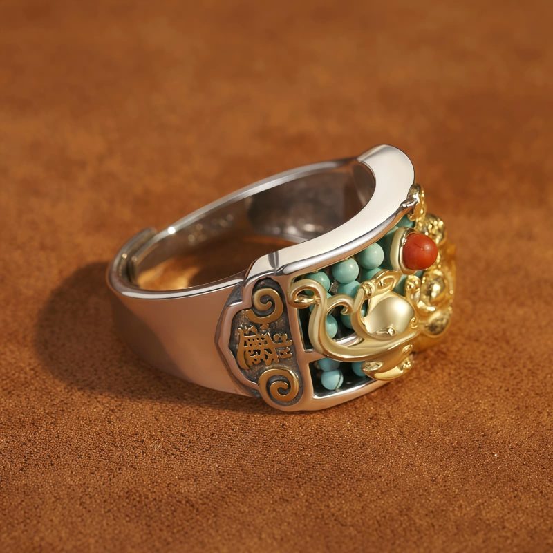 Tibetan Turquoise Red Agate PiXiu Protection Ring Tibetan Turquoise Red Agate PiXiu Protection Ring