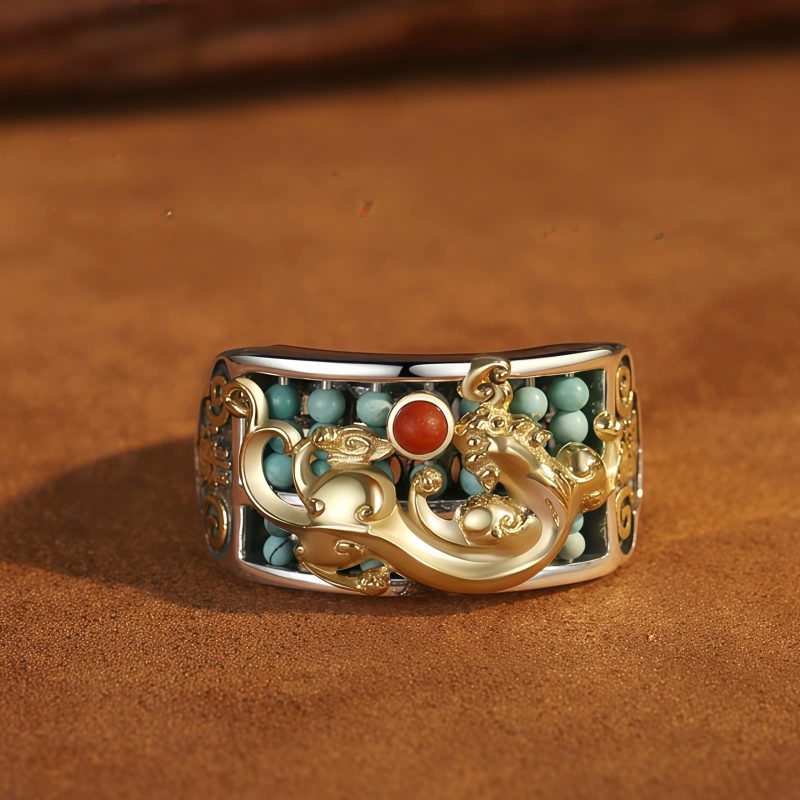 Tibetan Turquoise Red Agate PiXiu Protection Ring Tibetan Turquoise Red Agate PiXiu Protection Ring