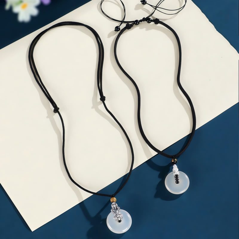 White Agate Pi Xiu Necklace with Sterling Silver and Sandalwood White Agate Pi Xiu Necklace with Sterling Silver and Sandalwood