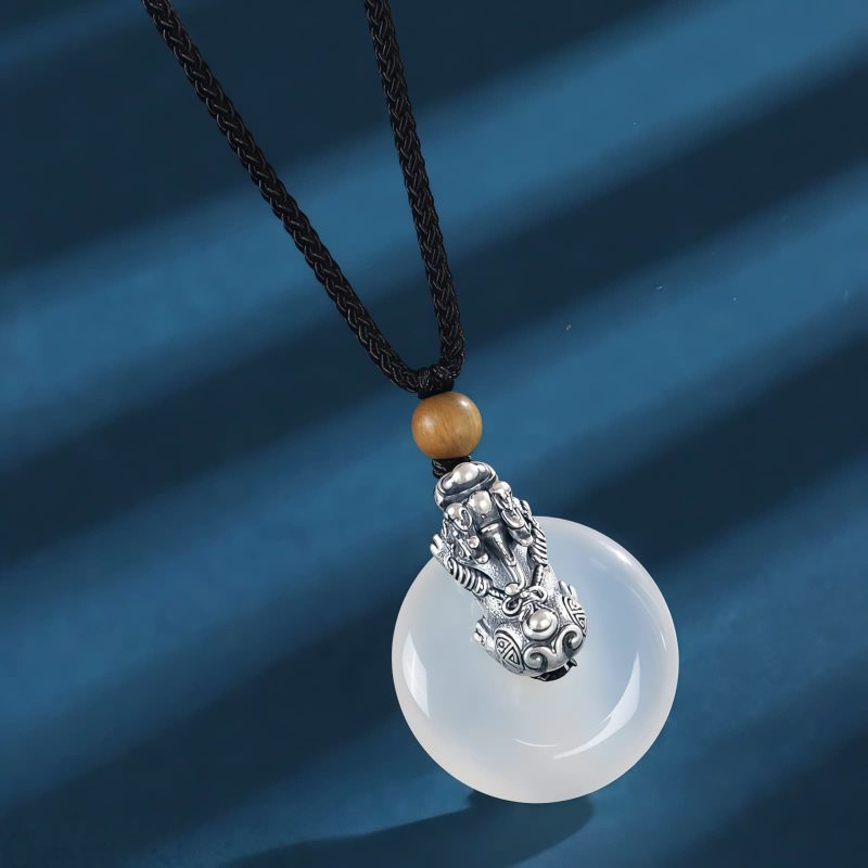 White Agate Pi Xiu Necklace with Sterling Silver and Sandalwood White Agate Pi Xiu Necklace with Sterling Silver and Sandalwood