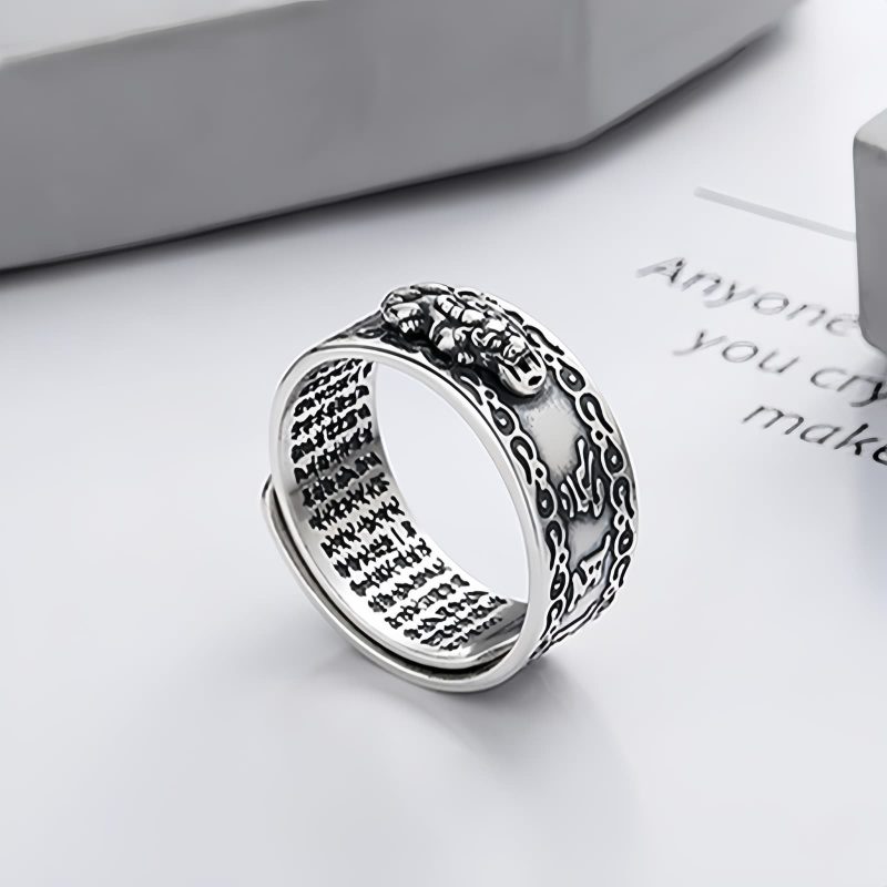 925銀製 貔貅(ヒキュウ)× 般若心経 厄除け・金運守護リング 925 Silver PiXiu Wealth Protection Ring