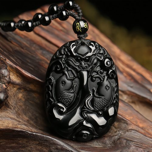 Black Obsidian Koi Fish Strength Pendant Necklace