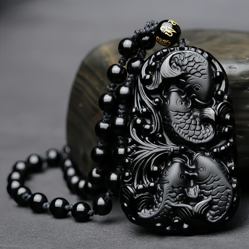 Black Obsidian Koi Fish Strength Necklace Black Obsidian Koi Fish Strength Necklace