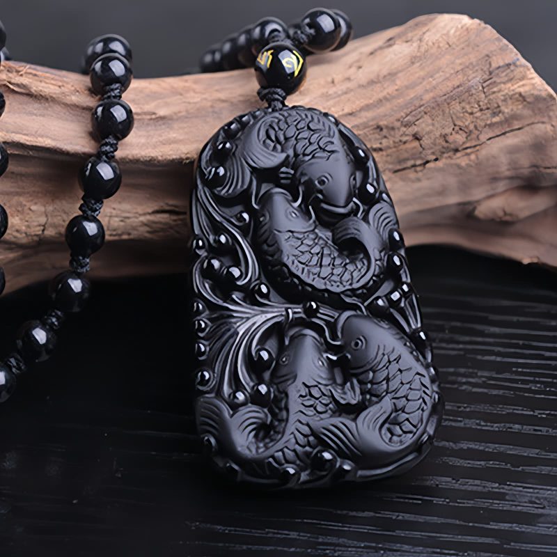 Black Obsidian Koi Fish Strength Necklace Black Obsidian Koi Fish Strength Necklace