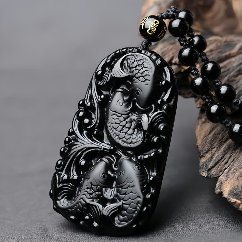 Black Obsidian Koi Fish Strength Necklace Black Obsidian Koi Fish Strength Necklace