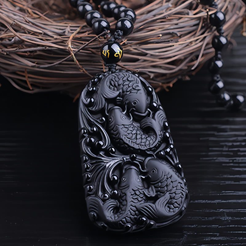 Black Obsidian Koi Fish Strength Necklace Black Obsidian Koi Fish Strength Necklace
