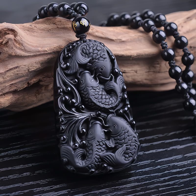 Black Obsidian Koi Fish Strength Necklace Black Obsidian Koi Fish Strength Necklace