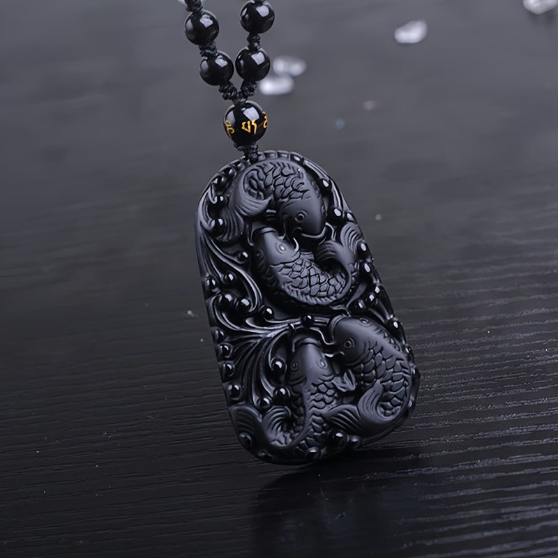 Black Obsidian Koi Fish Strength Necklace Black Obsidian Koi Fish Strength Necklace