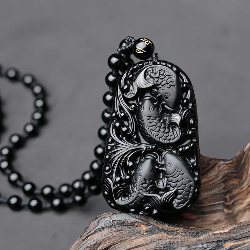 Black Obsidian Koi Fish Strength Necklace Black Obsidian Koi Fish Strength Necklace