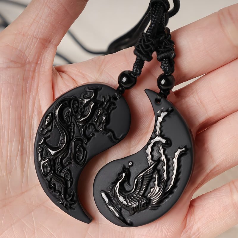 Black Obsidian Yin Yang Dragon Phoenix Luck Necklace Black Obsidian Yin Yang Dragon Phoenix Luck Necklace