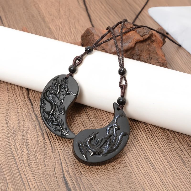Black Obsidian Yin Yang Dragon Phoenix Luck Necklace Black Obsidian Yin Yang Dragon Phoenix Luck Necklace