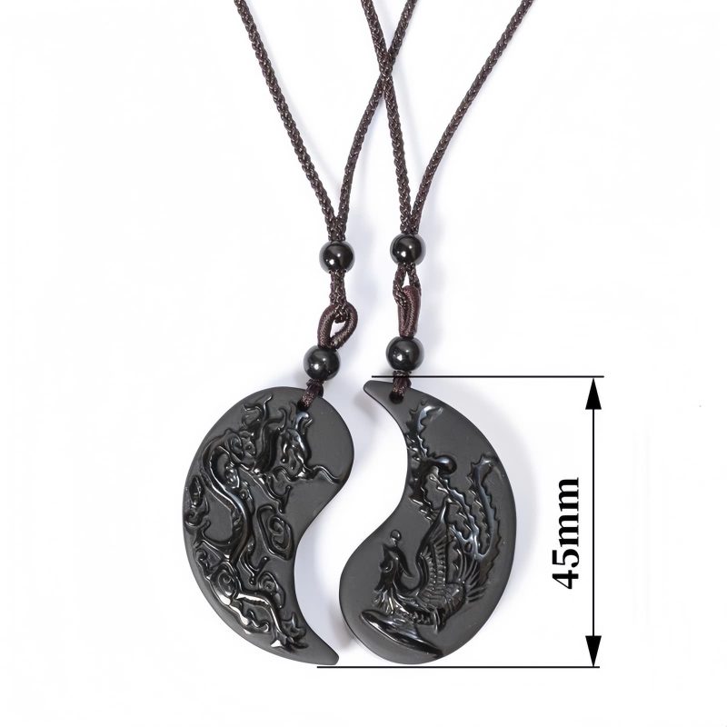 Black Obsidian Yin Yang Dragon Phoenix Luck Necklace Black Obsidian Yin Yang Dragon Phoenix Luck Necklace