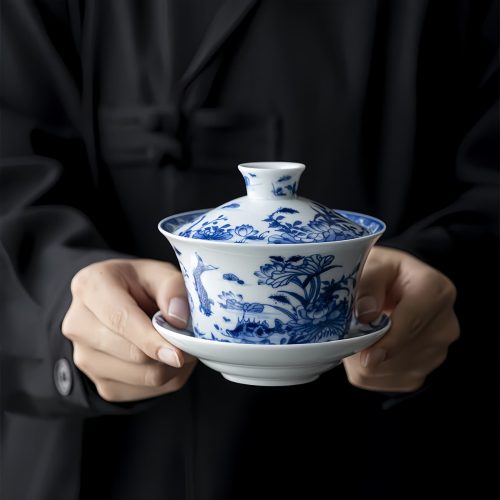 青花磁器 蓮と錦鯉の蓋碗セット