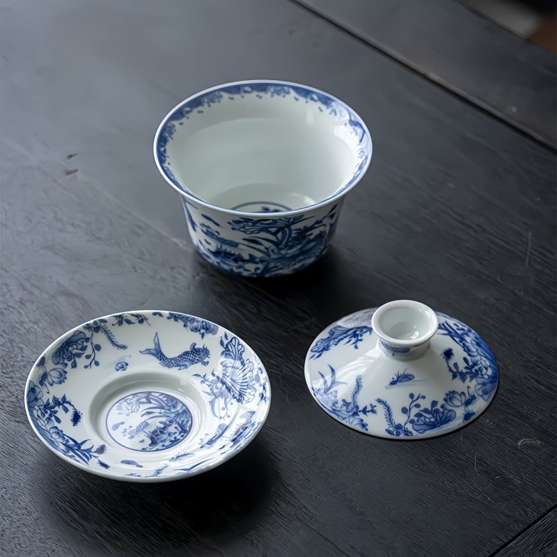 Blue And White Porcelain Lotus Koi Fish Teacup Set Blue And White Porcelain Lotus Koi Fish Teacup Set