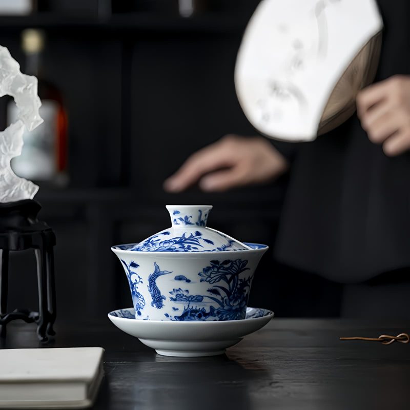 Blue And White Porcelain Lotus Koi Fish Teacup Set Blue And White Porcelain Lotus Koi Fish Teacup Set