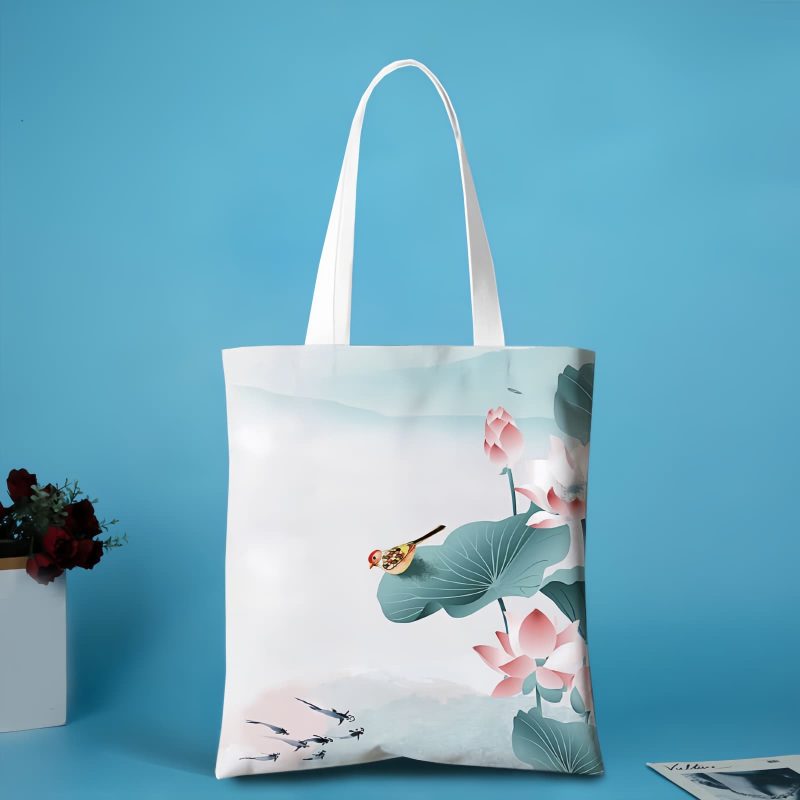 Canvas-Tragetasche mit Koi- und Lotus-Motiv Canvas Koi Fish Lotus Zipper Bag