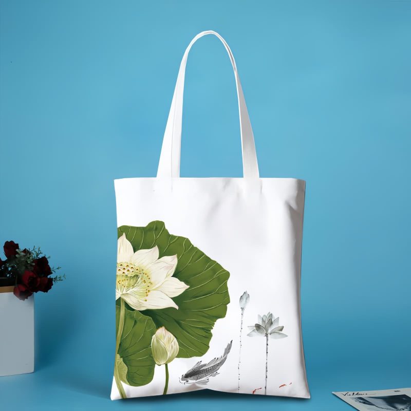 Canvas-Tragetasche mit Koi- und Lotus-Motiv Canvas Koi Fish Lotus Zipper Bag
