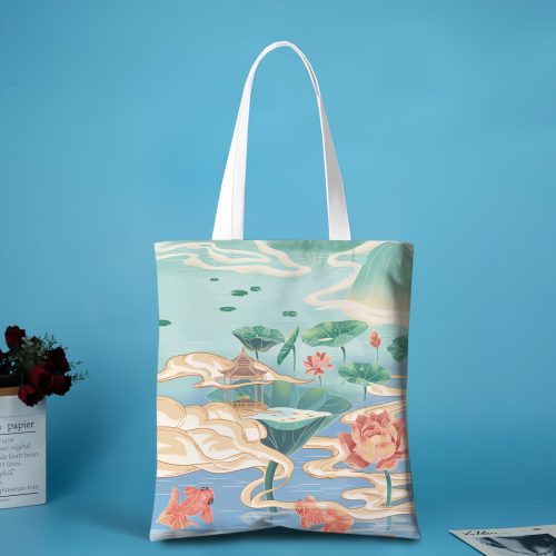 Canvas-Tragetasche mit Koi- und Lotus-Motiv Canvas-Tragetasche mit Koi- und Lotus-Motiv