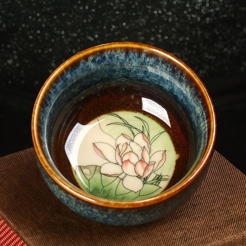 Chinese Jianzhan Ceramic Teacup with Lotus Dragon Phoenix Design
