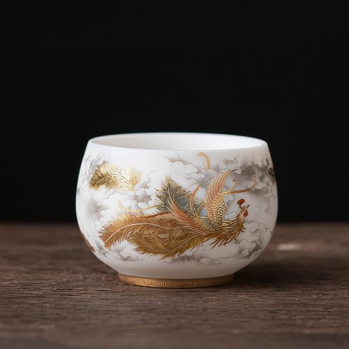 中国伝統文様の陶器茶杯：鳳凰・龍・錦鯉が彩る180mlの品格
