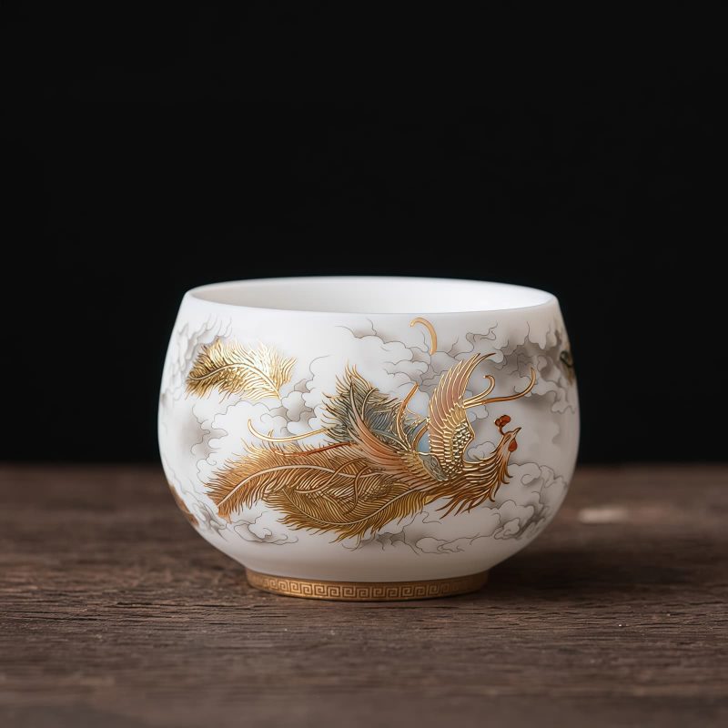 Chinese Ceramic Koi Fish Teacup with Phoenix Dragon Design Chinese Ceramic Koi Fish Teacup with Phoenix Dragon Design