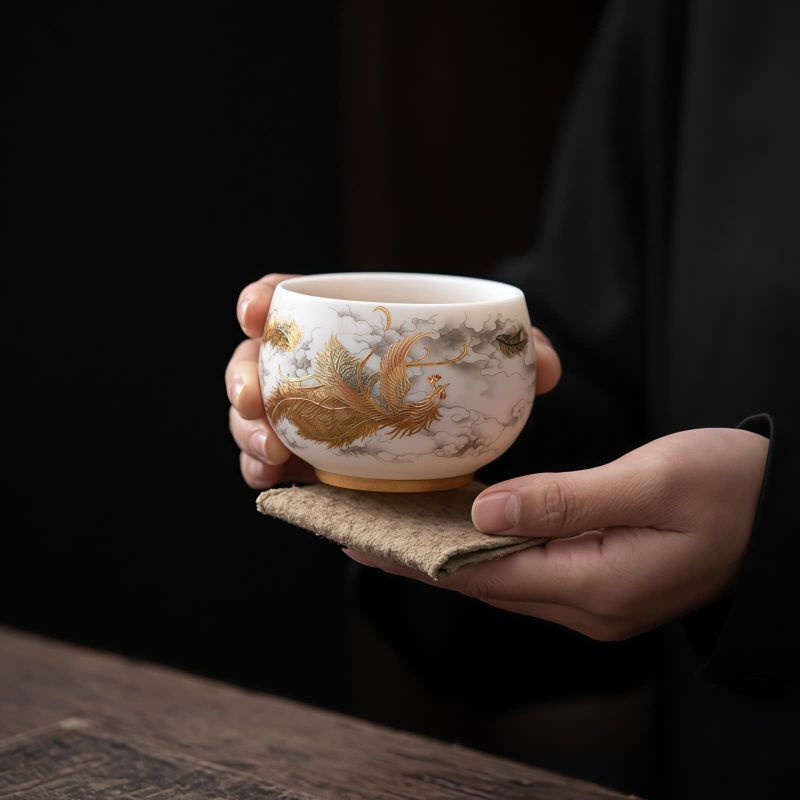 Chinese Ceramic Koi Fish Teacup with Phoenix Dragon Design Chinese Ceramic Koi Fish Teacup with Phoenix Dragon Design