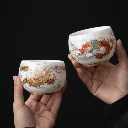 中国伝統文様の陶器茶杯：鳳凰・龍・錦鯉が彩る180mlの品格