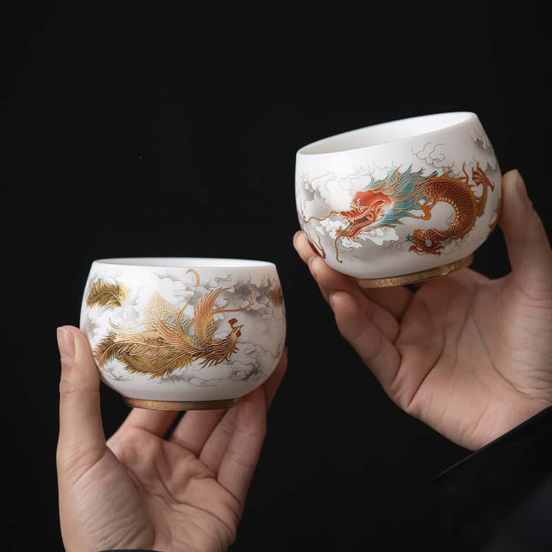 Chinese Ceramic Koi Fish Teacup with Phoenix Dragon Design Chinese Ceramic Koi Fish Teacup with Phoenix Dragon Design