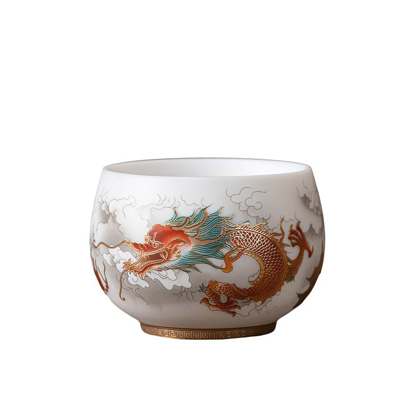 Chinese Ceramic Koi Fish Teacup with Phoenix Dragon Design Chinese Ceramic Koi Fish Teacup with Phoenix Dragon Design