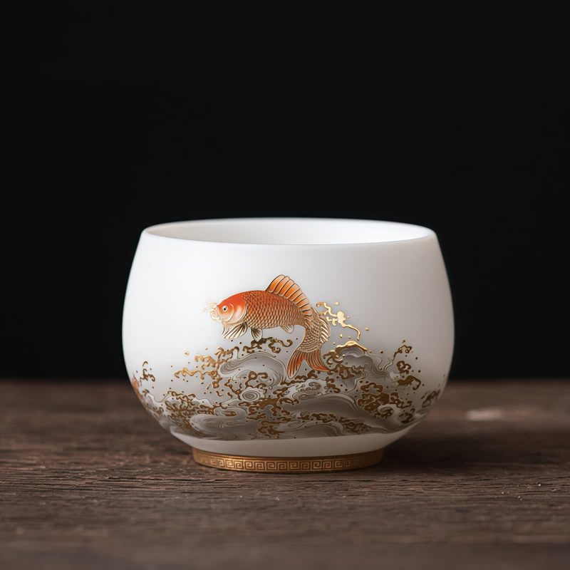 Chinese Ceramic Koi Fish Teacup with Phoenix Dragon Design Chinese Ceramic Koi Fish Teacup with Phoenix Dragon Design