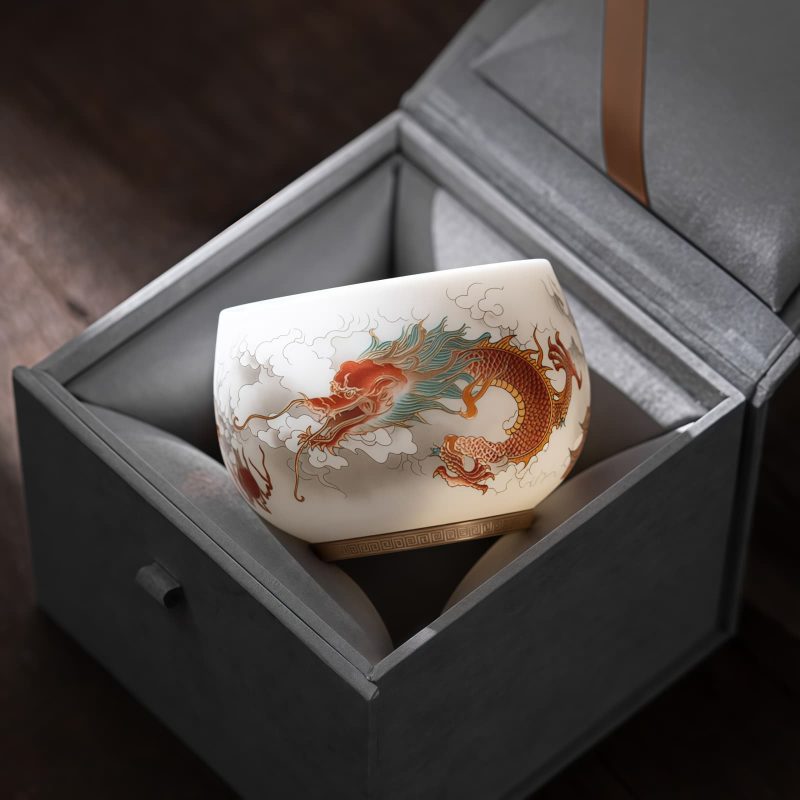 Chinese Ceramic Koi Fish Teacup with Phoenix Dragon Design Chinese Ceramic Koi Fish Teacup with Phoenix Dragon Design